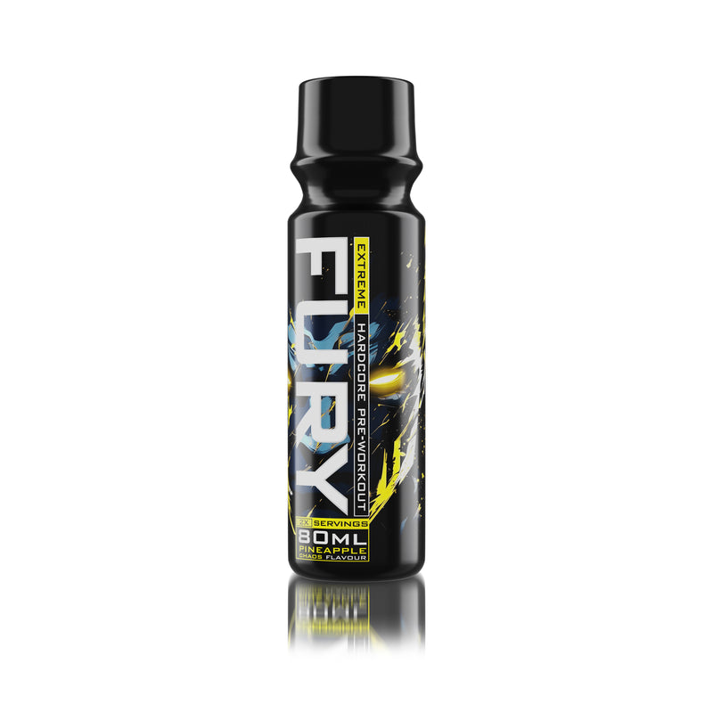 Incarca imaginea in galerie, FURY EXTREME SHOT 80ml 2serv Genius Nutrition – Supliment pre-workout shot gata de consum cu continut ridicat de cofeina pentru energie, focus si anduranta cu aroma de pineapple chaos
