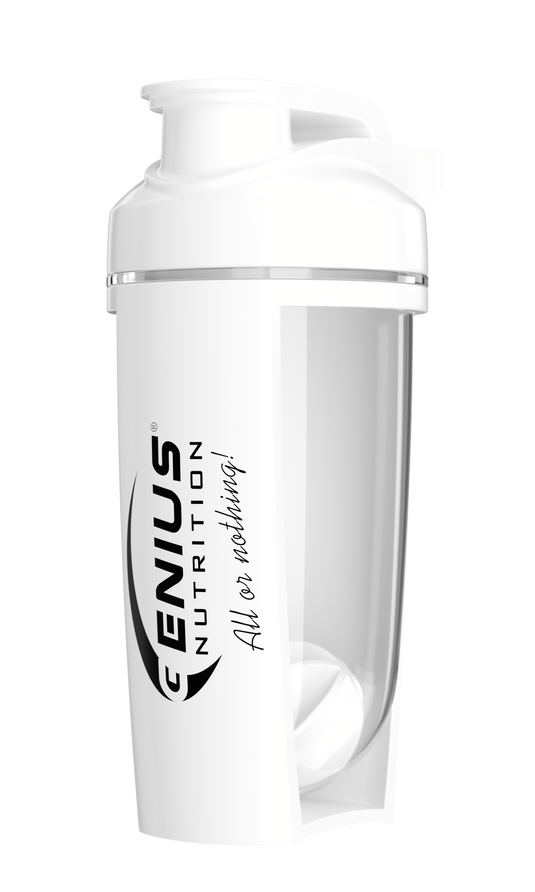 G-Shaker 500ml Genius Nutrition Alb - Fabricat din copoliester PCTG non-toxic, shakerul de 500 ml dispune de un capac cu filet si un mixer intern, ideal pentru amestecarea suplimentelor pudra ca proteinele si creatina.