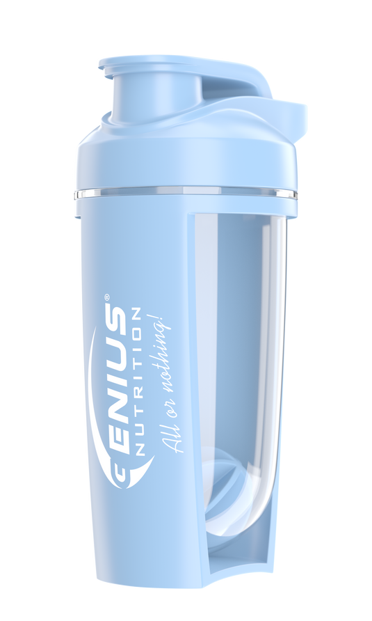 G-Shaker 500ml Genius Nutrition Albastru - Fabricat din copoliester PCTG non-toxic, shakerul de 500 ml dispune de un capac cu filet si un mixer intern, ideal pentru amestecarea suplimentelor pudra ca proteinele si creatina.