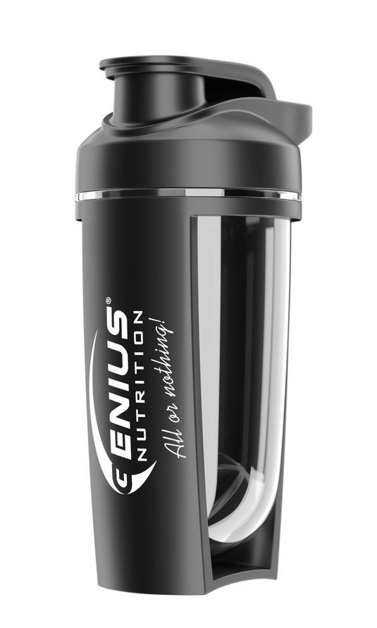 G-Shaker 500ml Genius Nutrition Negru - Fabricat din copoliester PCTG non-toxic, shakerul de 500 ml dispune de un capac cu filet si un mixer intern, ideal pentru amestecarea suplimentelor pudra ca proteinele si creatina.