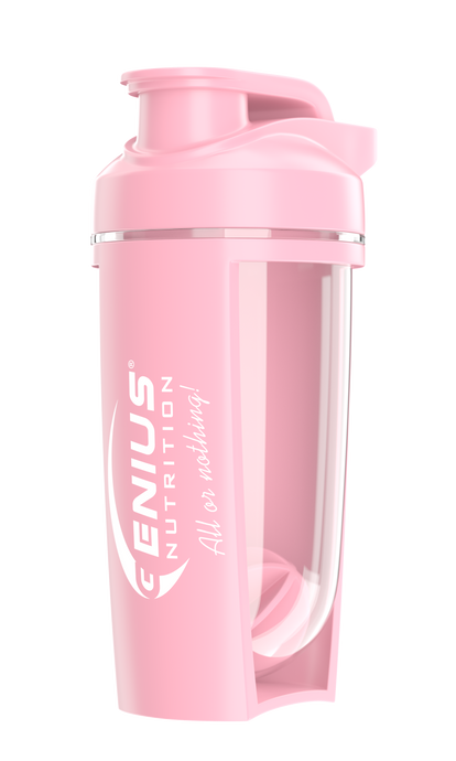 G-Shaker 500ml Genius Nutrition Roz - Fabricat din copoliester PCTG non-toxic, shakerul de 500 ml dispune de un capac cu filet si un mixer intern, ideal pentru amestecarea suplimentelor pudra ca proteinele si creatina.