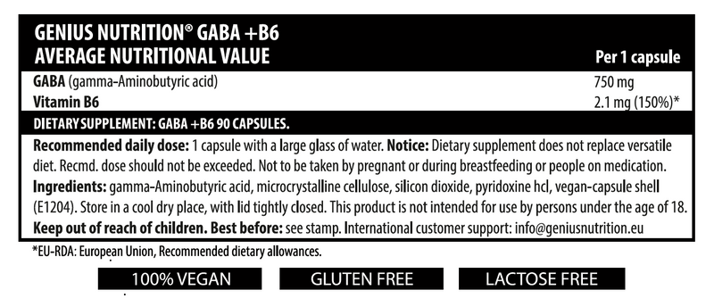 Incarca imaginea in galerie, GABA+B6 90caps 90serv Genius Nutrition – Supliment neurotransmitator GABA, destinat combaterii anxietatii si insomniei, cu efect linistitor + adaos de vitamina B6 pentru serotonina
