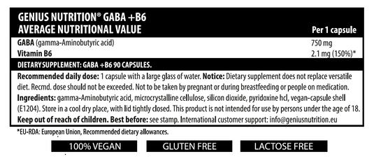 GABA+B6 90caps 90serv Genius Nutrition – Supliment neurotransmitator GABA, destinat combaterii anxietatii si insomniei, cu efect linistitor + adaos de vitamina B6 pentru serotonina