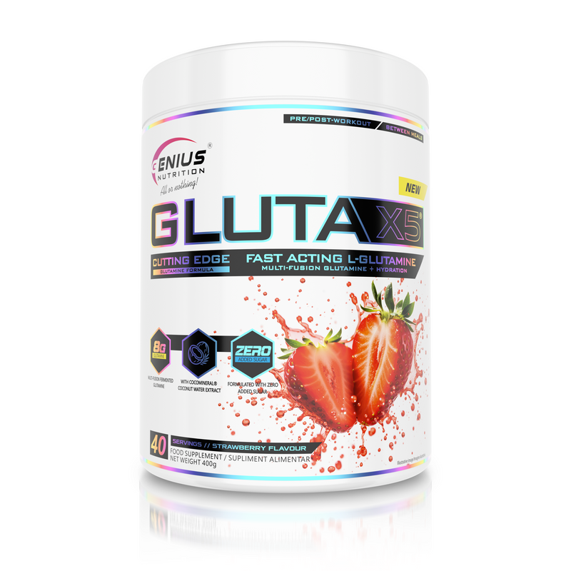 Incarca imaginea in galerie, GLUTA-X5 400g 40serv Genius Nutrition – Supliment cu glutamina pentru sustinerea sanatatii intestinale, intarirea imunitatii si recuperarea musculara dupa antrenamente intense cu aroma de capsuni.
