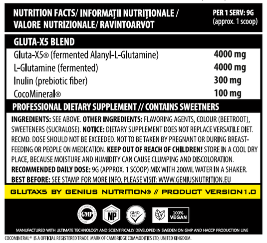 GLUTA-X5 405g 45serv Genius Nutrition – Supliment cu glutamina pentru sustinerea sanatatii intestinale, intarirea imunitatii si recuperarea musculara dupa antrenamente intense