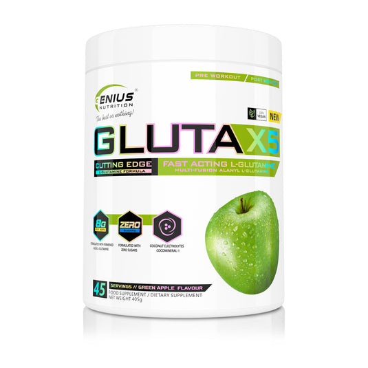 GLUTA-X5 405g 45serv Genius Nutrition – Supliment cu glutamina pentru sustinerea sanatatii intestinale, intarirea imunitatii si recuperarea musculara dupa antrenamente intense cu aroma de green apple