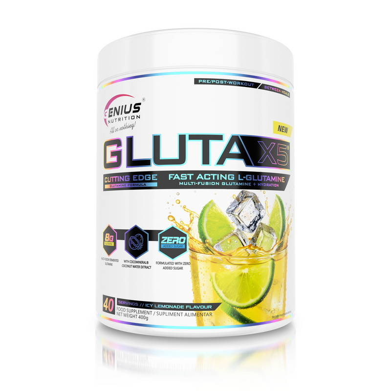 Incarca imaginea in galerie, GLUTA-X5 405g 45serv Genius Nutrition – Supliment cu glutamina pentru sustinerea sanatatii intestinale, intarirea imunitatii si recuperarea musculara dupa antrenamente intense cu aroma de icy lemoande
