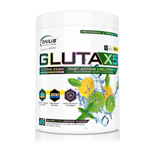 GLUTA-X5 405g 45serv Genius Nutrition – Supliment cu glutamina pentru sustinerea sanatatii intestinale, intarirea imunitatii si recuperarea musculara dupa antrenamente intense cu aroma de icy lemoande