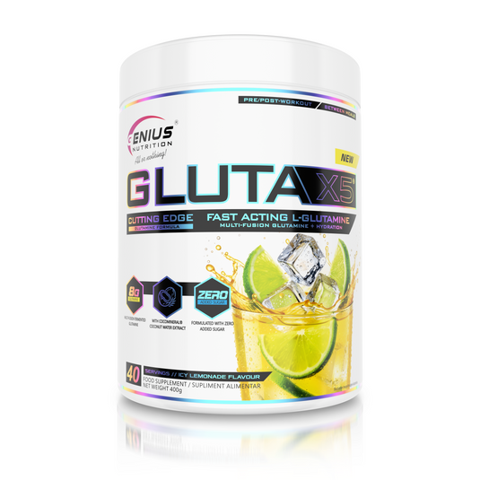 GLUTA-X5 405g 45serv Genius Nutrition – Supliment cu glutamina pentru sustinerea sanatatii intestinale, intarirea imunitatii si recuperarea musculara dupa antrenamente intense cu aroma de icy lemoande