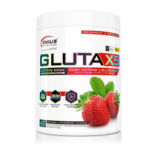 GLUTA-X5 405g 45serv Genius Nutrition – Supliment cu glutamina pentru sustinerea sanatatii intestinale, intarirea imunitatii si recuperarea musculara dupa antrenamente intense cu aroama de strawberry