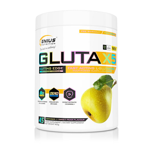 GLUTA-X5 405g 45serv Genius Nutrition – Supliment cu glutamina pentru sustinerea sanatatii intestinale, intarirea imunitatii si recuperarea musculara dupa antrenamente intense cu aroma de sweet pear