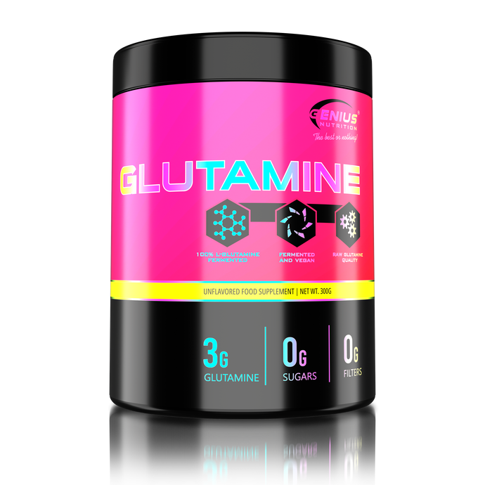 GLUTAMINE 300g 100serv Genius Nutrition - Supliment cu glutamina pentru sustinerea sanatatii intestinale, intarirea imunitatii si recuperarea musculara dupa antrenamente intense fara aroma