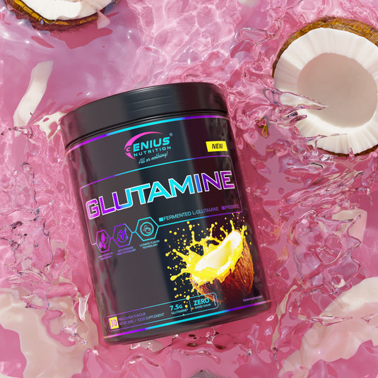GLUTAMINE 300g 30serv Genius Nutrition - Supliment cu glutamina pentru sustinerea sanatatii intestinale, intarirea imunitatii si recuperarea musculara dupa antrenamente intense cu aroma de pina colada.