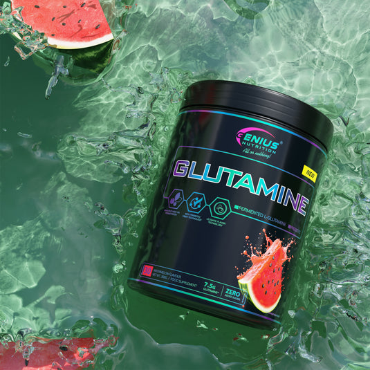 GLUTAMINE 300g 30serv Genius Nutrition - Supliment cu glutamina pentru sustinerea sanatatii intestinale, intarirea imunitatii si recuperarea musculara dupa antrenamente intense cu aroma de pepene verde.