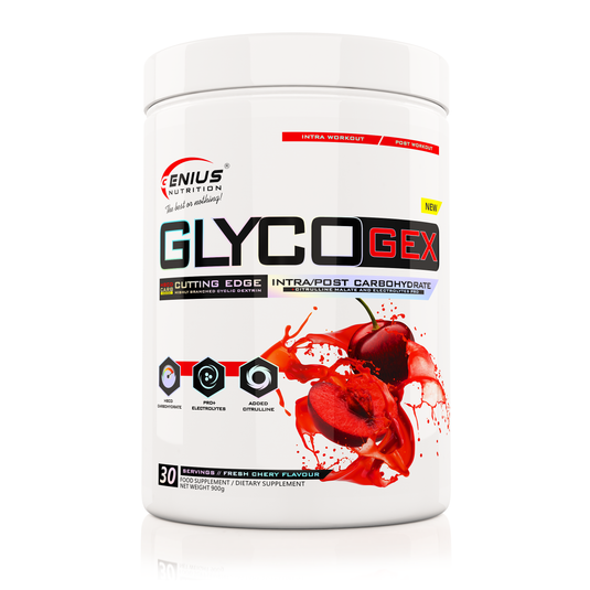 GLYCOGEX 900g 30serv Genius Nutrition – Supliment pe baza de carbohidrati cu absortie rapida si indice glicemic scazut pentru refacerea rezervelor de glicogen cu adoas de electoliti si citrulina pentru pompare si rehidratare cu aroma de fresh cherry