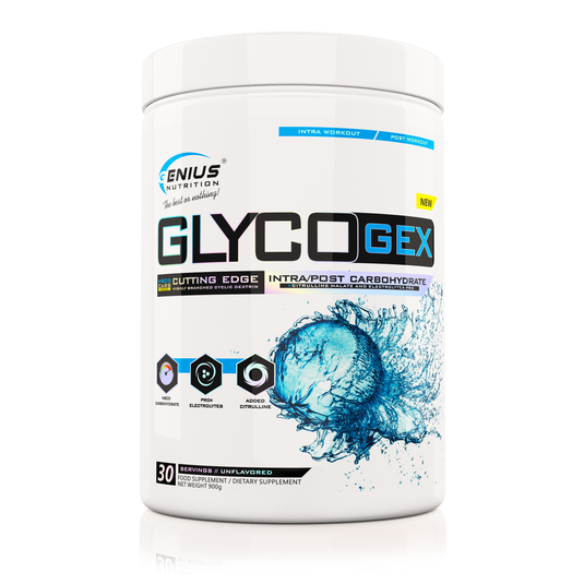 GLYCOGEX 900g 30serv Genius Nutrition – Supliment pe baza de carbohidrati cu absortie rapida si indice glicemic scazut pentru refacerea rezervelor de glicogen cu adoas de electoliti si citrulina pentru pompare si rehidratare fara aroma