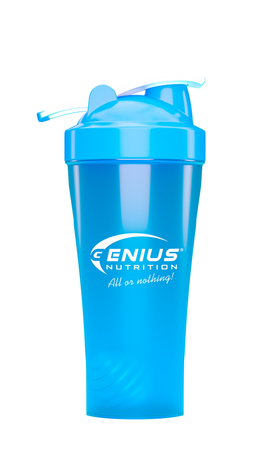 Shaker 600ml Genius Nutrition Albastru - Realizat din polipropilena de calitate, non-toxica, shaker-ul de 600ml/20oz are un capac cu filet si un arc metalic care asigura amestecarea uniforma a suplimentelor in pudra, cum ar fi proteinele, creatina si stimulentele pre-antrenament.