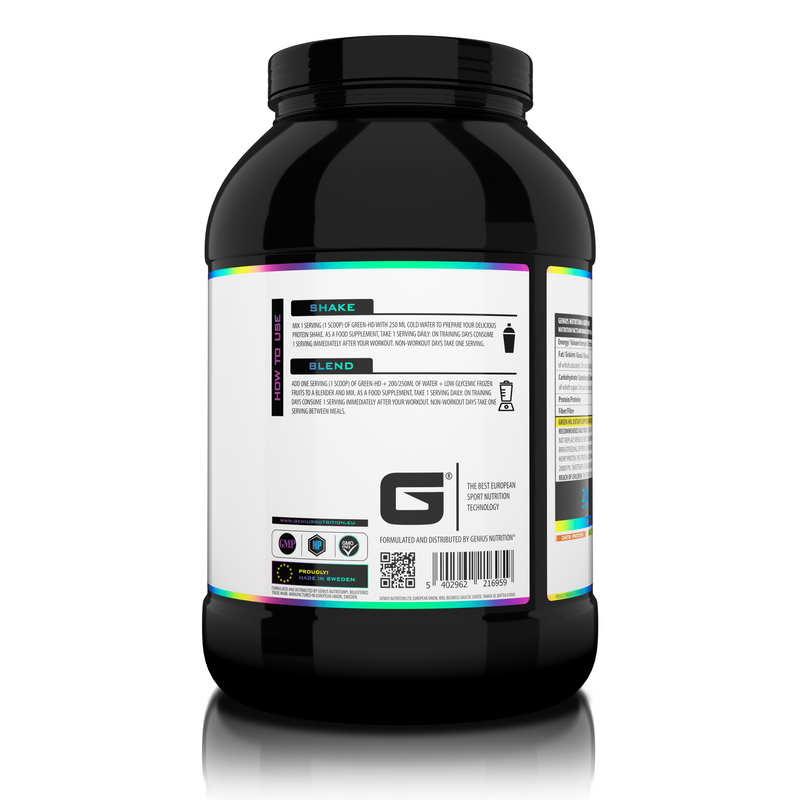 Incarca imaginea in galerie, GREEN-HD 750g 25serv Genius Nutrition – Supliment proteic vegan fara zahar adaugat din 4 surse pentru cresterea masei musculare, recuperare eficienta si prevenirea catabolismului cu aroma de ciocolata.

