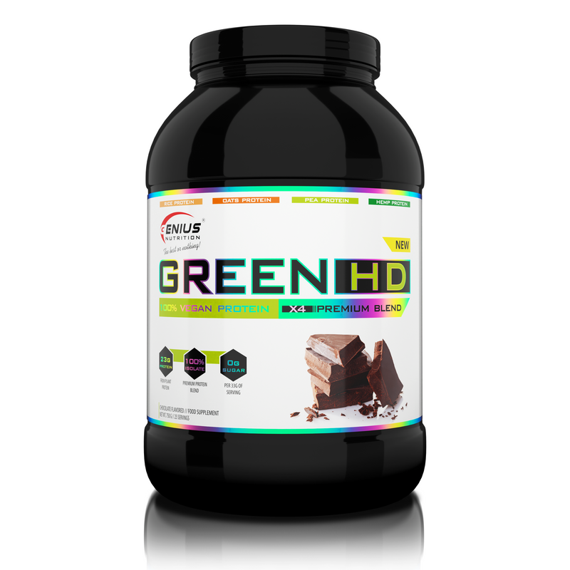 Incarca imaginea in galerie, GREEN-HD 750g 25serv Genius Nutrition – Supliment proteic vegan fara zahar adaugat din 4 surse pentru cresterea masei musculare, recuperare eficienta si prevenirea catabolismului cu aroma de ciocolata.
