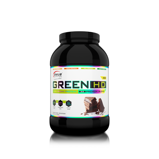 GREEN-HD 750g 25serv Genius Nutrition – Supliment proteic vegan fara zahar adaugat din 4 surse pentru cresterea masei musculare, recuperare eficienta si prevenirea catabolismului cu aroma de ciocolata.