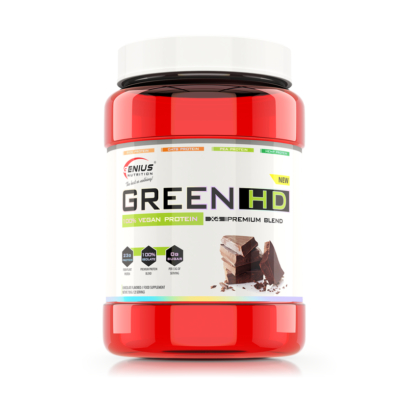 Incarca imaginea in galerie, GREEN-HD 760g 25 serv Genius Nutrition – Supliment proteic vegan fara zahar adaugat din 4 surse pentru cresterea masei musculare, recuperare eficienta si prevenirea catabolismului cu aroma de chocolate
