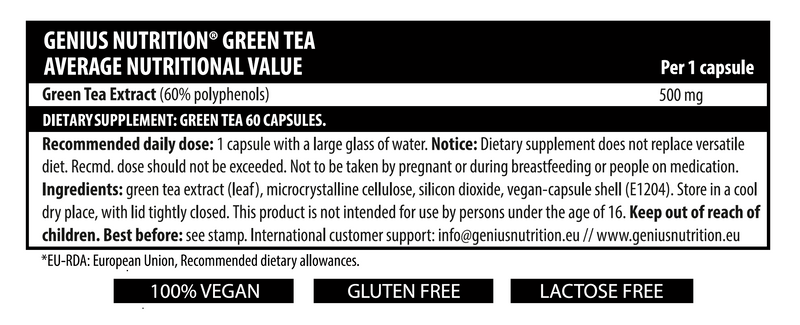 Incarca imaginea in galerie, GREEN TEA 60caps 60serv Genius Nutrition – Supliment cu extract de ceai verde, bogat in polifenoli, pentru sustinerea sanatatii cardiovasculare si cerebrale
