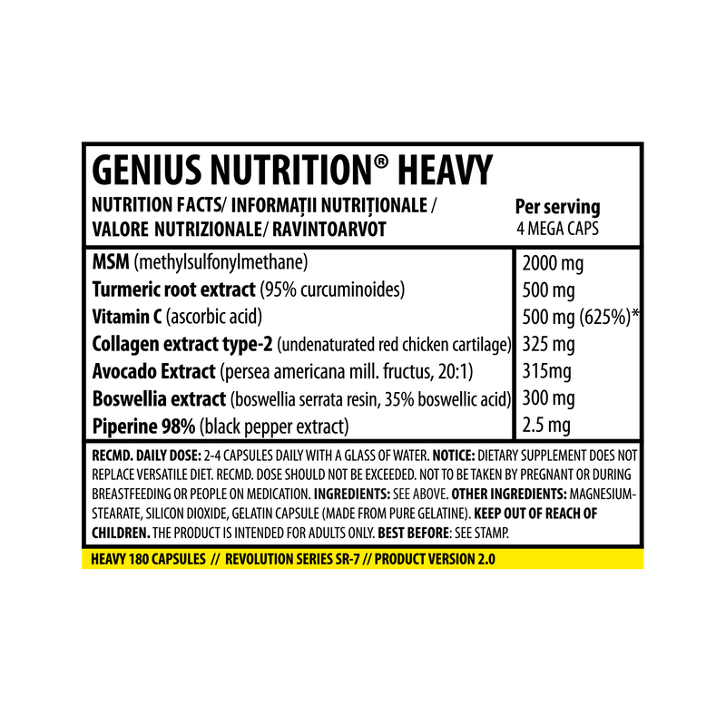 Incarca imaginea in galerie, HEAVY 180caps 45 serv Genius Nutrition - Supliment antiinflamator pentru repararea ligamentelor, esential in activitatile care solicita intens articulatiile 
