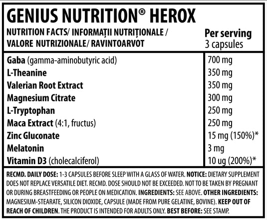 HEROX 180megacaps 60serv Genius Nutrition – Supliment natural din plante cu efect calmant pentru un somn odhinitor 