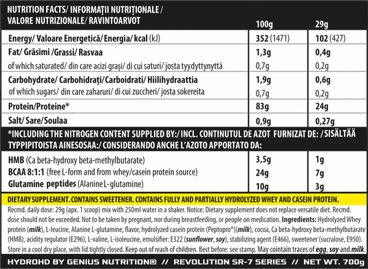 HYDRO-HD 700g 24serv Genius Nutrition – Supliment proteic hidrolizat cu absorbtie rapida, destinat refacerii si cresterii masei musculare, imbunatatit cu HMB si BCAA pentru o sinteza proteica superioara 