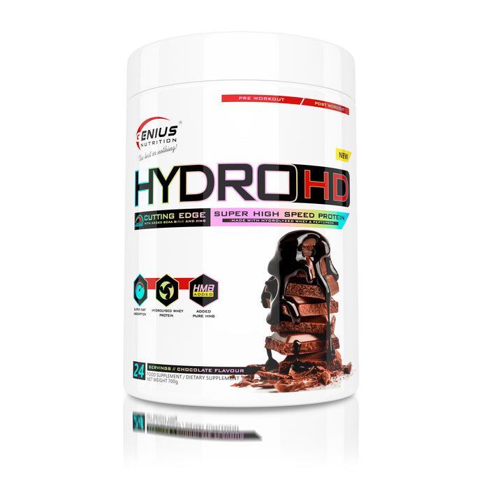 HYDRO-HD 700g 24serv Genius Nutrition – Supliment proteic hidrolizat cu absorbtie rapida, destinat refacerii si cresterii masei musculare, imbunatatit cu HMB si BCAA pentru o sinteza proteica superioara cu aroma de ciocolata