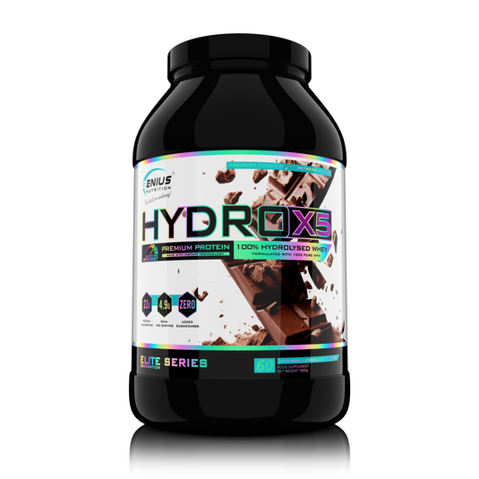 HYDRO-X5 1800g 60serv Genius Nutrition – Supliment proteic hidrolizat cu absorbtie rapida, fara adaos de zahar si continut redus de lactoza, pentru refacerea si dezvoltarea masei musculare cu aroma de chocolate 