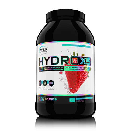 HYDRO-X5 1800g 60serv Genius Nutrition – Supliment proteic hidrolizat cu absorbtie rapida, fara adaos de zahar si continut redus de lactoza, pentru refacerea si dezvoltarea masei musculare cu aroma de strawberry