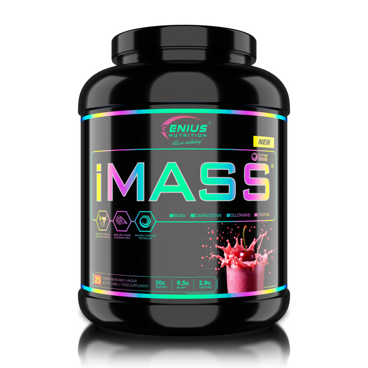 IMASS Genius Nutrition 2500g 25serv – Supliment alimentar tip gainer cu proteine din zer, carbohidrati complecsi, BCAA, glutamina si creatina, formulat pentru a sustine cresterea masei musculare, refacerea dupa efort intens, cresterea fortei si a performantei fizice, stimularea productiei de ATP si refacerea rezervelor de glicogen, cu absorbtie eficienta si textura cremoasa, cu aroma de cherry milkshake.