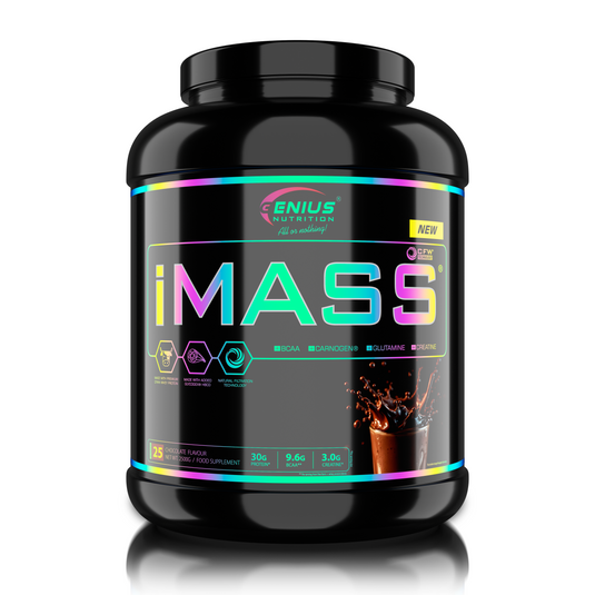 IMASS Genius Nutrition 2500g 25serv – Supliment alimentar tip gainer cu proteine din zer, carbohidrati complecsi, BCAA, glutamina si creatina, formulat pentru a sustine cresterea masei musculare, refacerea dupa efort intens, cresterea fortei si a performantei fizice, stimularea productiei de ATP si refacerea rezervelor de glicogen, cu absorbtie eficienta si textura cremoasa, cu aroma de ciocolata.