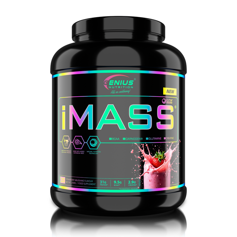 Incarca imaginea in galerie, IMASS Genius Nutrition 2500g 25serv – Supliment alimentar tip gainer cu proteine din zer, carbohidrati complecsi, BCAA, glutamina si creatina, formulat pentru a sustine cresterea masei musculare, refacerea dupa efort intens, cresterea fortei si a performantei fizice, stimularea productiei de ATP si refacerea rezervelor de glicogen, cu absorbtie eficienta si textura cremoasa, cu aroma de strawberry milkshake.

