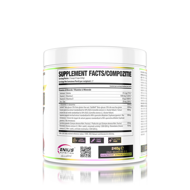 Incarca imaginea in galerie, IMUNO-X5 240g 27serv Genius Nutrition - Supliment antioxidant natural, cu un continut ridicat de vitamina C, vitamina D3 si zinc formulat special pentru a intari sistemul imunitar cu aroma de raspberry citrus
