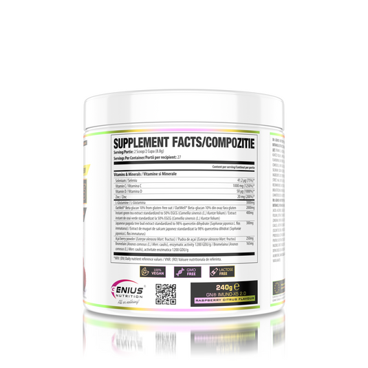 IMUNO-X5 240g 27serv Genius Nutrition - Supliment antioxidant natural, cu un continut ridicat de vitamina C, vitamina D3 si zinc formulat special pentru a intari sistemul imunitar cu aroma de raspberry citrus