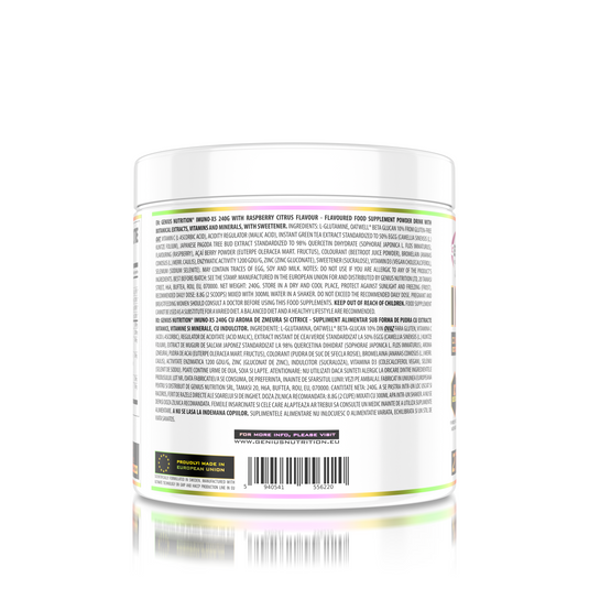 IMUNO-X5 240g 27serv Genius Nutrition - Supliment antioxidant natural, cu un continut ridicat de vitamina C, vitamina D3 si zinc formulat special pentru a intari sistemul imunitar cu aroma de raspberry citrus
