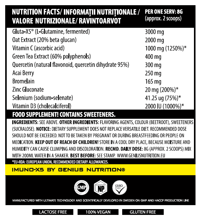 Incarca imaginea in galerie, IMUNO-X5 240g 30serv Genius Nutrition - Supliment antioxidant natural, cu un continut ridicat de vitamina C, vitamina D3 si zinc formulat special pentru a intari sistemul imunitar 
