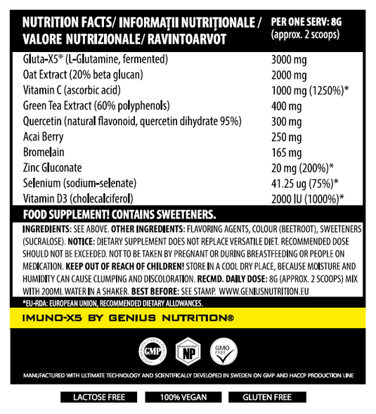 IMUNO-X5 240g 30serv Genius Nutrition - Supliment antioxidant natural, cu un continut ridicat de vitamina C, vitamina D3 si zinc formulat special pentru a intari sistemul imunitar 