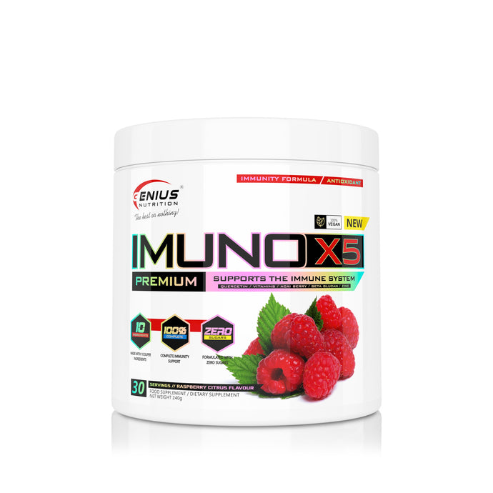 IMUNO-X5 240g 30serv Genius Nutrition - Supliment antioxidant natural, cu un continut ridicat de vitamina C, vitamina D3 si zinc formulat special pentru a intari sistemul imunitar cu aroma de raspberry citrus