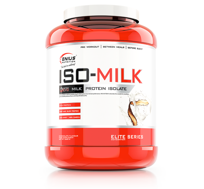 ISO-MILK 2000g 61serv Genius Nutrition – Supliment proteic filtrat natural, cu continut scazut de lactoza si absorbtie lenta, conceput pentru a mentine o stare anabolica prelungita, cu aroma de chocolate