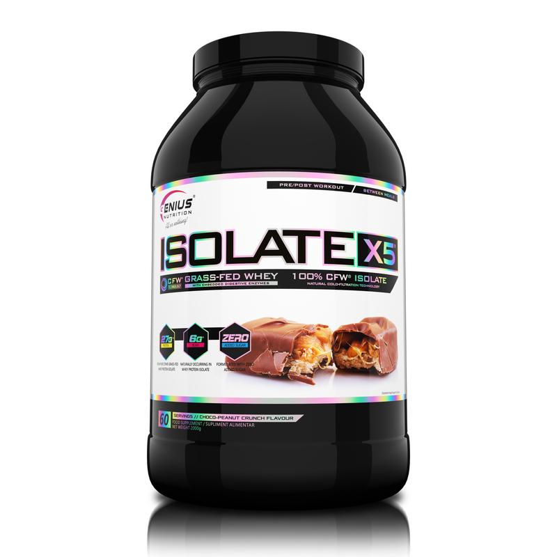 Incarca imaginea in galerie, ISOLATE-X5 2000g 60serv Genius Nutrition - Supliment proteic din zer cu absorbtie rapida, continut scazut de carbohidrati si bogat in BCAA, obtinut prin filtrare naturala CFW cu aroma de ciocolata cu arahide.
