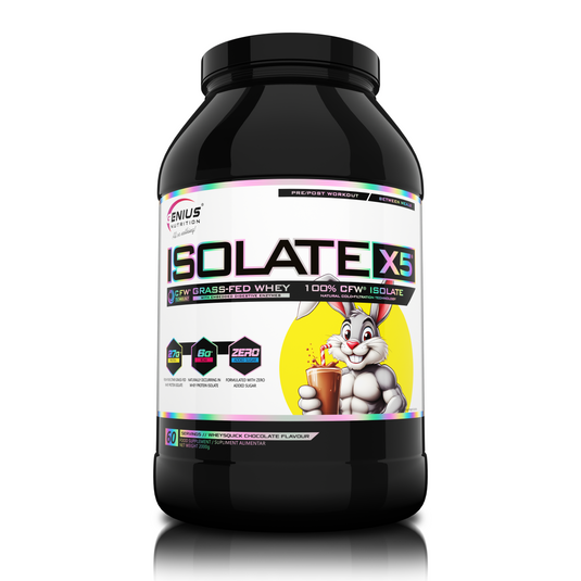 ISOLATE-X5 2000g 60serv Genius Nutrition - Supliment proteic din zer cu absorbtie rapida, continut scazut de carbohidrati si bogat in BCAA, obtinut prin filtrare naturala CFW cu aroma de wheysquick cu ciocolata.
