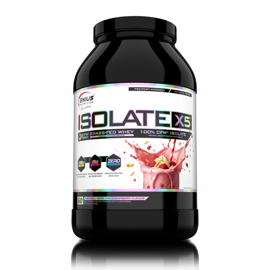 ISOLATE-X5 2000g 60serv Genius Nutrition - Supliment proteic din zer cu absorbtie rapida, continut scazut de carbohidrati si bogat in BCAA, obtinut prin filtrare naturala CFW cu aroma de ciocolata alba si zmeura.