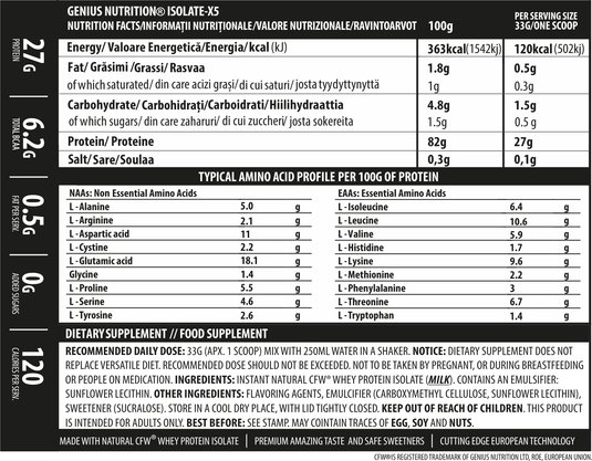 ISOLATE-X5 2000g 61serv Genius Nutrition - Supliment proteic din zer cu absorbtie rapida, continut scazut de carbohidrati si bogat in BCAA, obtinut prin filtrare naturala CFW