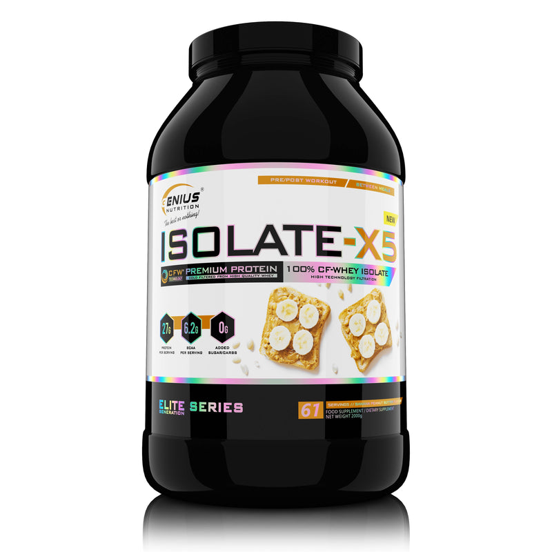 Incarca imaginea in galerie, ISOLATE-X5 2000g 61serv Genius Nutrition - Supliment proteic din zer cu absorbtie rapida, continut scazut de carbohidrati si bogat in BCAA, obtinut prin filtrare naturala CFW cu aroma de banana peanut butter
