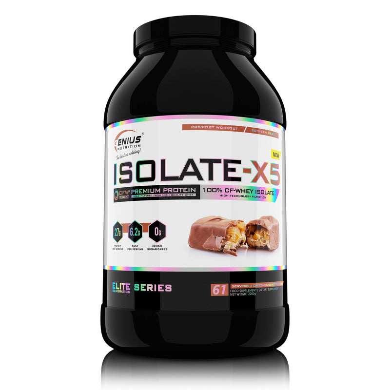 Incarca imaginea in galerie, ISOLATE-X5 2000g 61serv Genius Nutrition – Supliment proteic din zer cu absorbtie rapida, continut scazut de carbohidrati si bogat in BCAA, obtinut prin filtrare naturala CFW cu aroma de choco hazelnut
