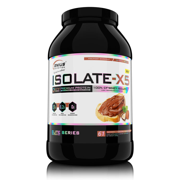 ISOLATE-X5 2000g 61serv Genius Nutrition – Supliment proteic din zer cu absorbtie rapida, continut scazut de carbohidrati si bogat in BCAA, obtinut prin filtrare naturala CFW cu aroma de chocotelly spread