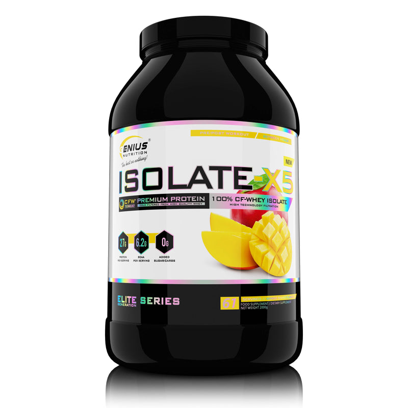 Incarca imaginea in galerie, ISOLATE-X5 2000g 61serv Genius Nutrition - Supliment proteic din zer cu absorbtie rapida, continut scazut de carbohidrati si bogat in BCAA, obtinut prin filtrare naturala CFW cu aroma de mango shake
